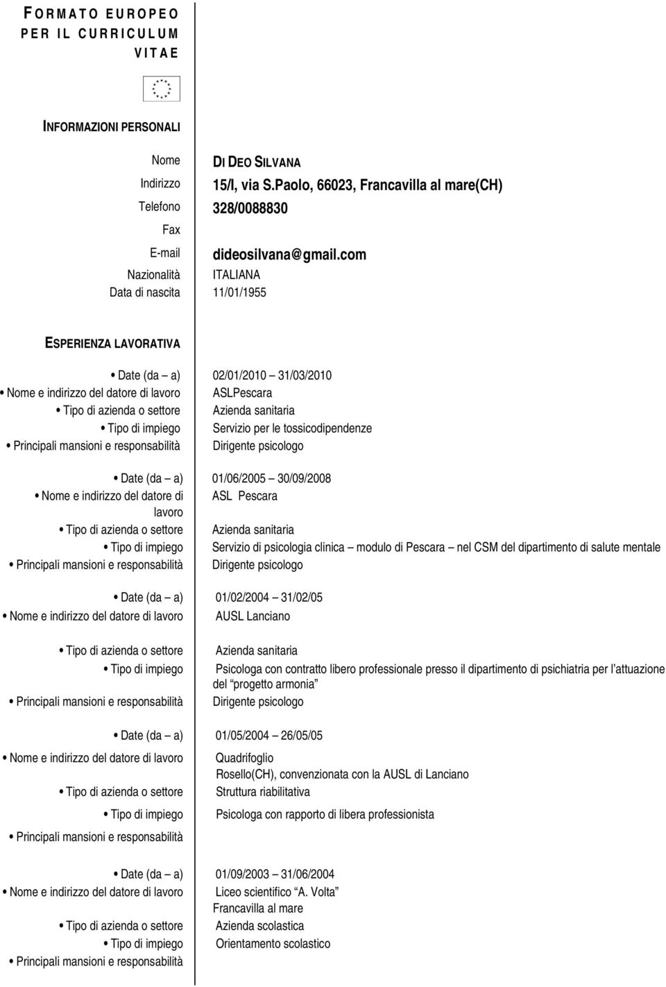 tossicodipendenze Dirigente psicologo Date (da a) 01/06/2005 30/09/2008 Nome e indirizzo del datore di ASL Pescara lavoro Azienda sanitaria Servizio di psicologia clinica modulo di Pescara nel CSM