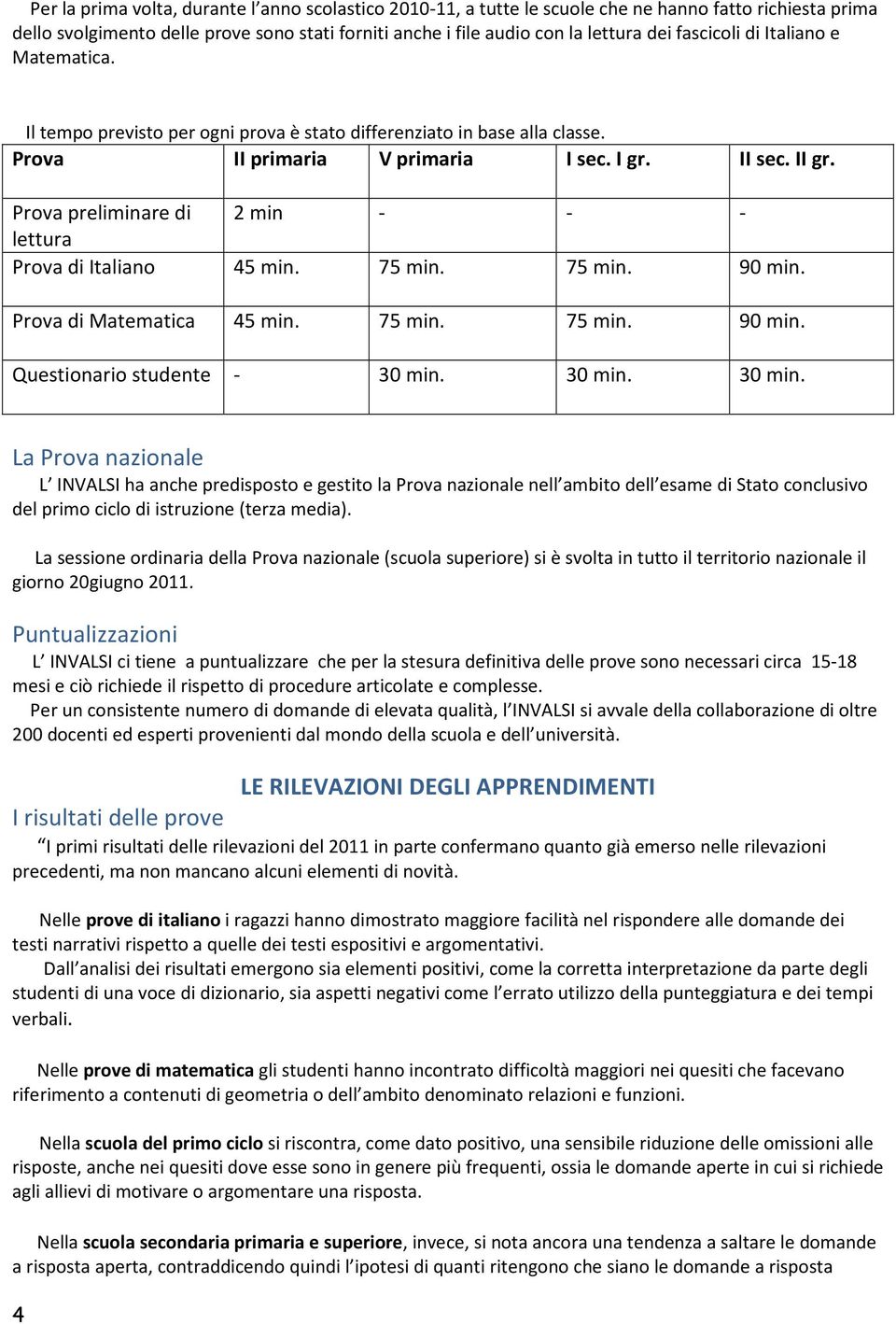 Prova preliminare di 2 min - - - lettura Prova di Italiano 45 min. 75 min. 75 min. 90 min. Prova di Matematica 45 min. 75 min. 75 min. 90 min. Questionario studente - 30 min.