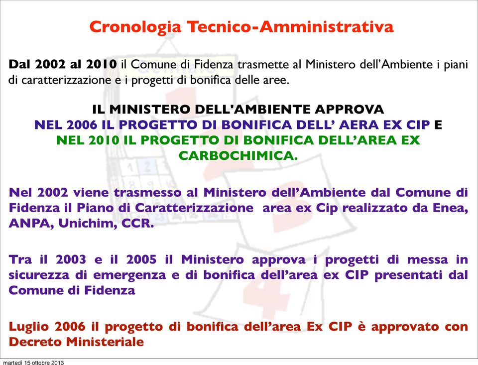 Nel 2002 viene trasmesso al Ministero dell Ambiente dal Comune di Fidenza il Piano di Caratterizzazione area ex Cip realizzato da Enea, ANPA, Unichim, CCR.