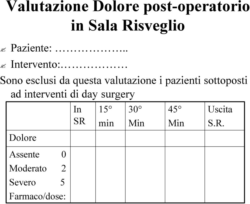 . Intervento: Sono esclusi da questa valutazione i pazienti