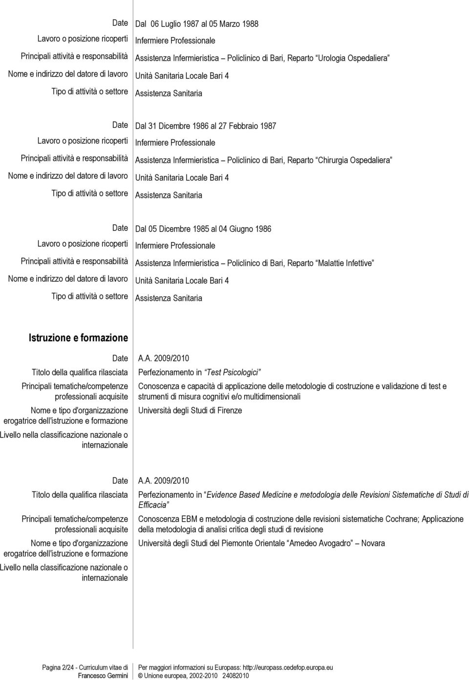 ricoperti Infermiere Professionale Principali attività e responsabilità Assistenza Infermieristica Policlinico di Bari, Reparto Chirurgia Ospedaliera Nome e indirizzo del datore di lavoro Unità