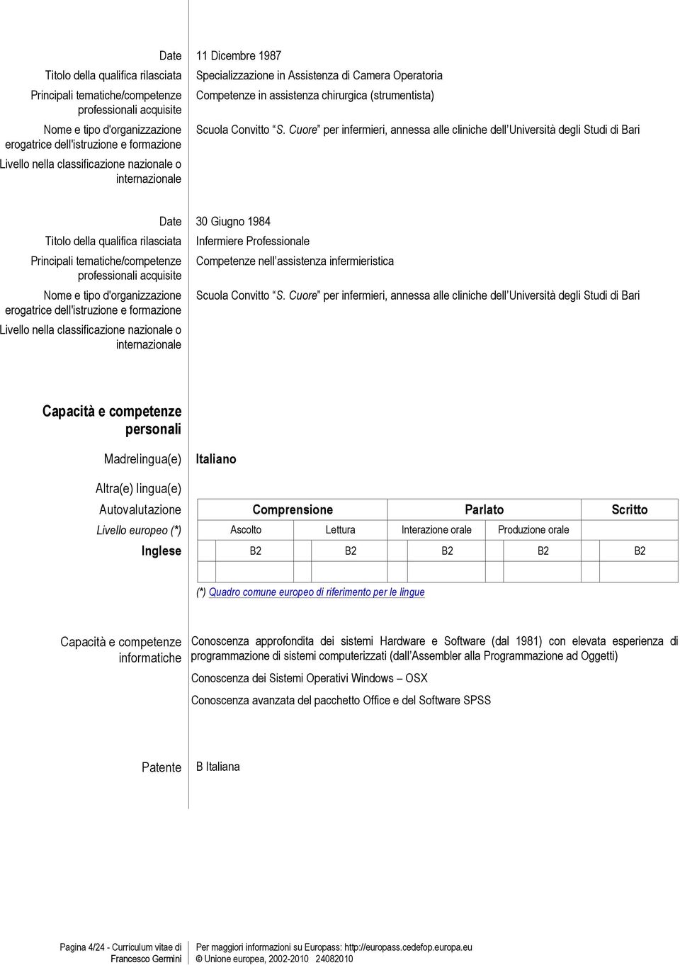 Cuore per infermieri, annessa alle cliniche dell Università degli Studi di Bari  o internazionale Date 30 Giugno 1984 Infermiere Professionale Competenze nell assistenza infermieristica Scuola