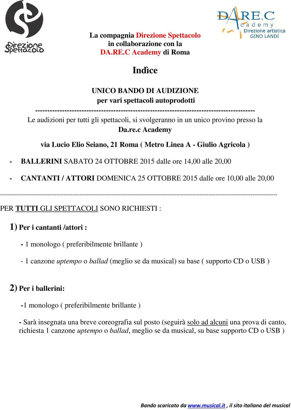 gli spettacoli, si svolgeranno in un unico provino pres