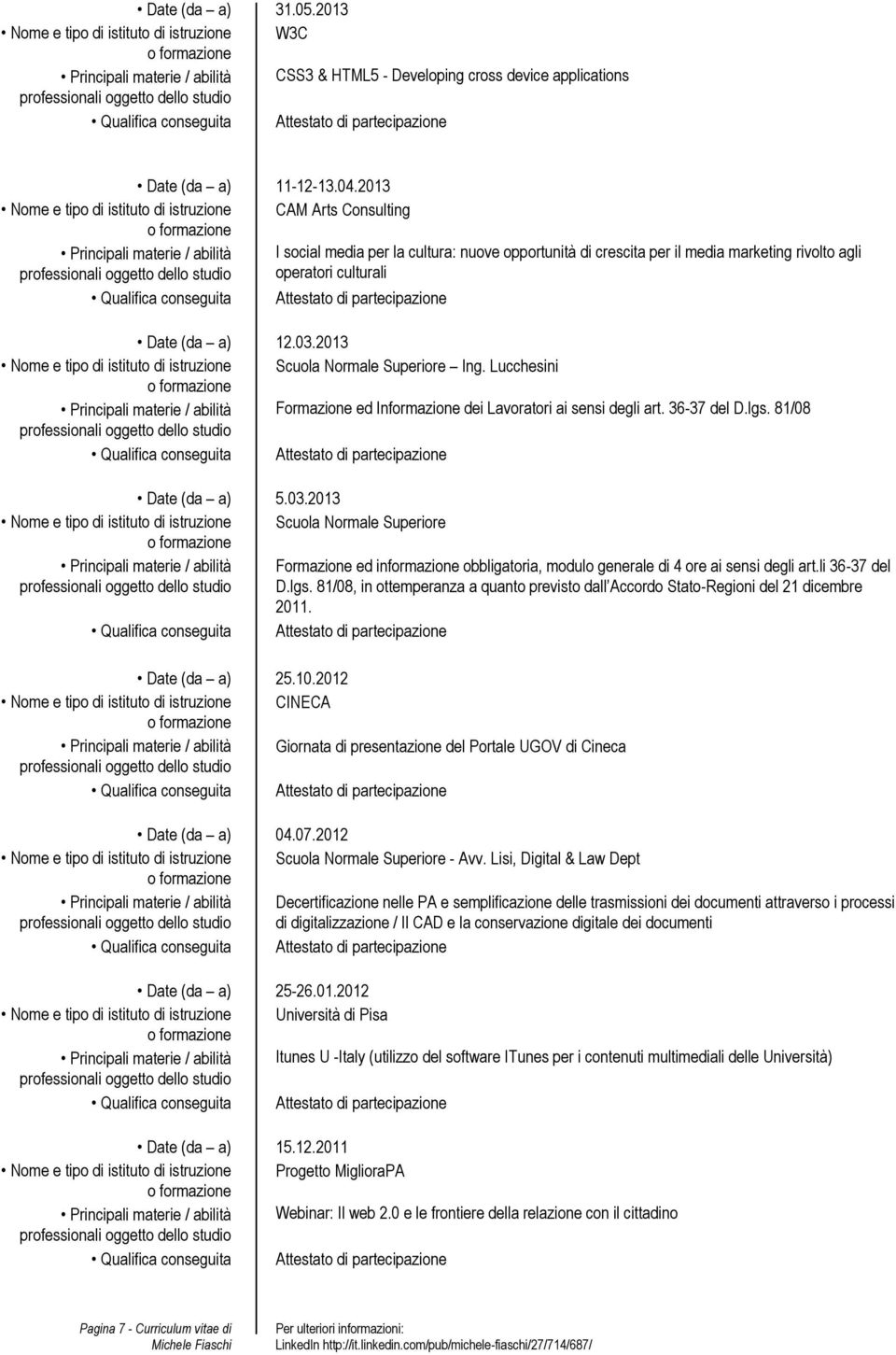 2013 Nome e tipo di istituto di istruzione Scuola Normale Superiore Ing. Lucchesini Formazione ed Informazione dei Lavoratori ai sensi degli art. 36-37 del D.lgs. 81/08 Date (da a) 5.03.