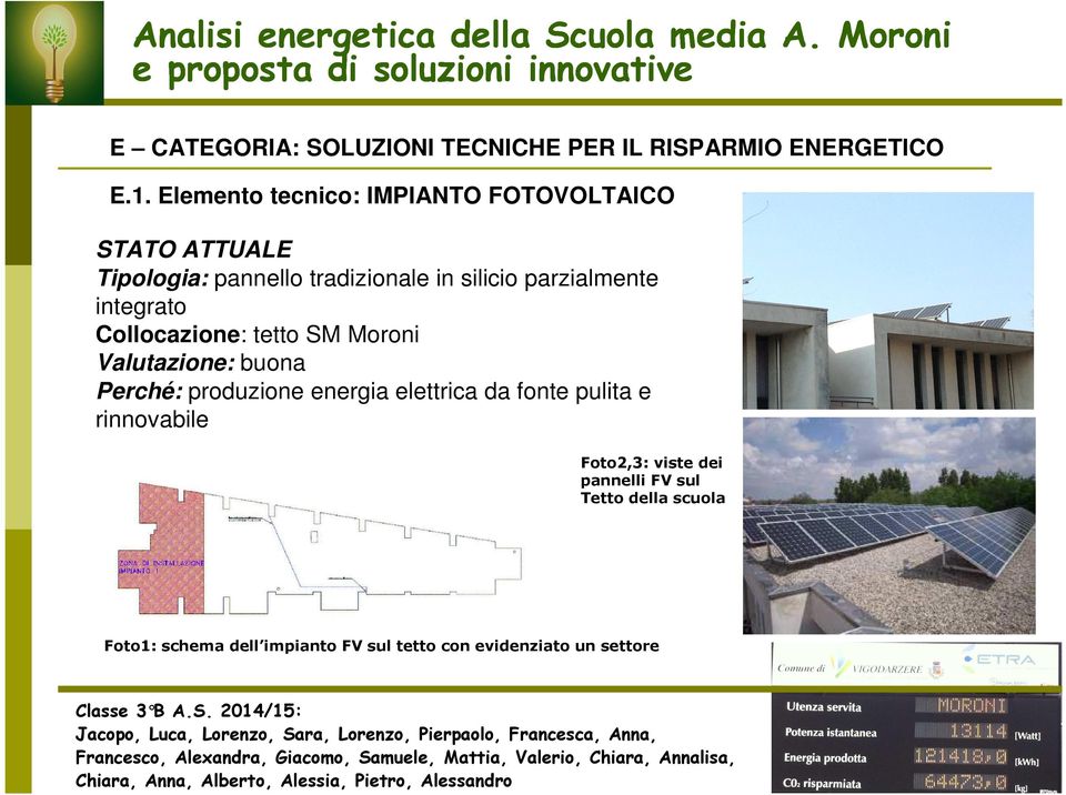 parzialmente integrato Collocazione: tetto SM Moroni Valutazione: buona Perché: produzione energia