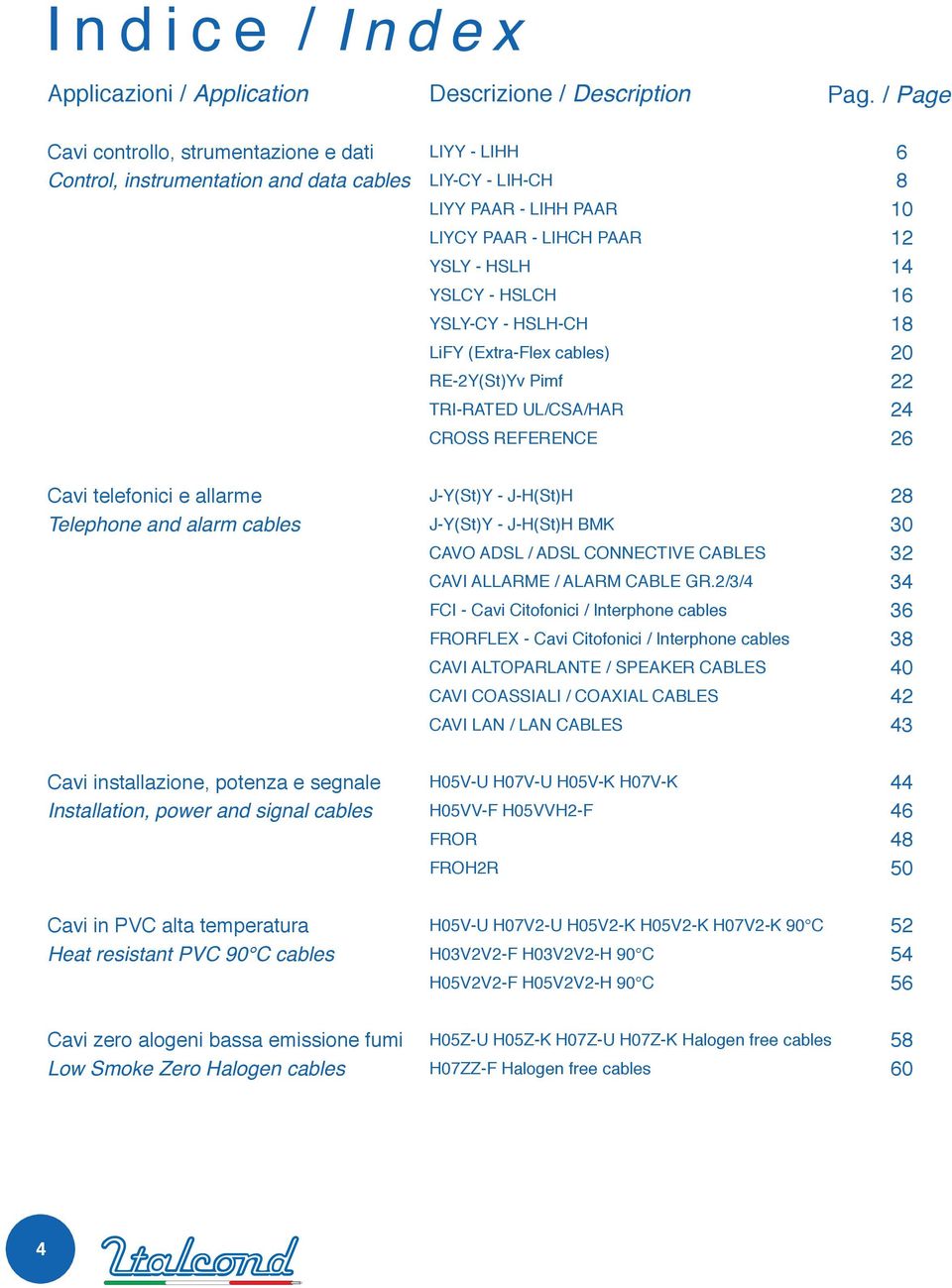 16 YSLY-CY - HSLH-CH 18 LiFY (Extra-Flex cables) 20 RE-2Y(St)Yv Pimf 22 TRI-RATED UL/CSA/HAR 24 CROSS REFERENCE 26 Cavi telefonici e allarme J-Y(St)Y - J-H(St)H 28 Telephone and alarm cables J-Y(St)Y