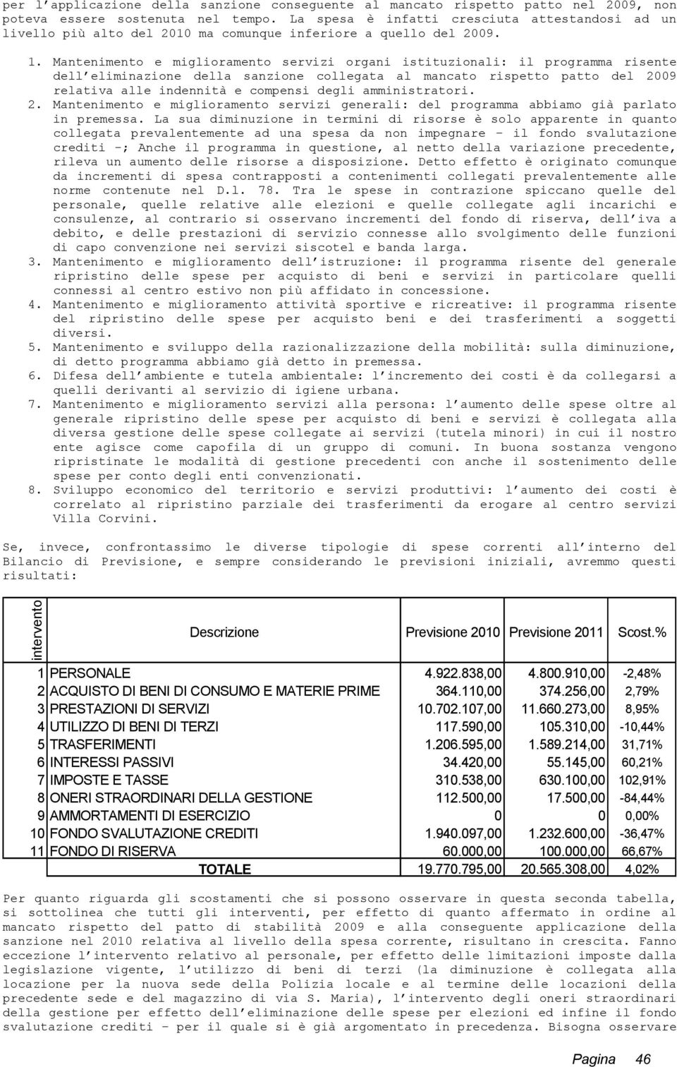 Mantenimento e miglioramento servizi organi istituzionali: il programma risente dell eliminazione della sanzione collegata al mancato rispetto patto del 2009 relativa alle indennità e compensi degli