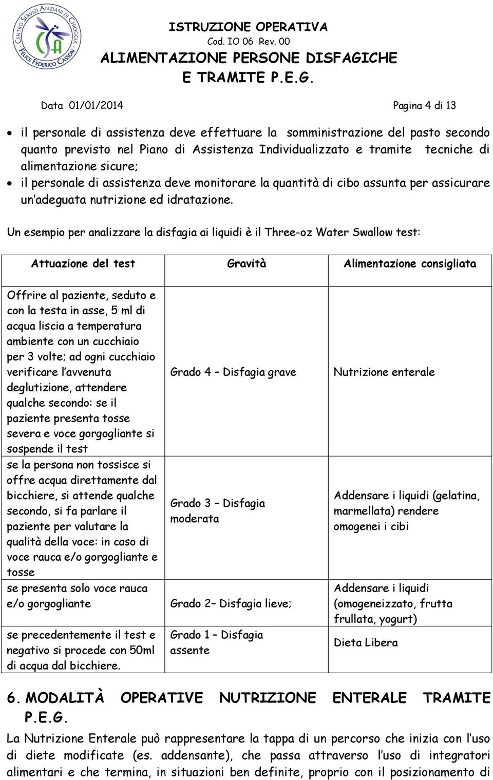 Un esempio per analizzare la disfagia ai liquidi è il Three-oz Water Swallow test: Attuazione del test Gravità Alimentazione consigliata Offrire al paziente, seduto e con la testa in asse, 5 ml di