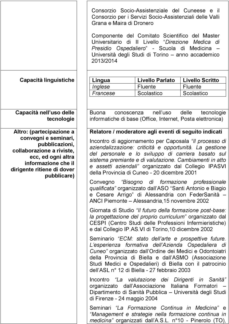 Fluente Fluente Francese Scolastico Scolastico Capacità nell uso delle tecnologie Altro: (partecipazione a convegni e seminari, pubblicazioni, collaborazione a riviste, ecc, ed ogni altra