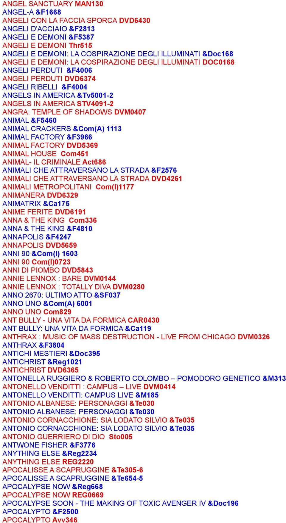 TEMPLE OF SHADOWS DVM0407 ANIMAL &F5460 ANIMAL CRACKERS &Com(A) 1113 ANIMAL FACTORY &F3966 ANIMAL FACTORY DVD5369 ANIMAL HOUSE Com451 ANIMAL- IL CRIMINALE Act686 ANIMALI CHE ATTRAVERSANO LA STRADA