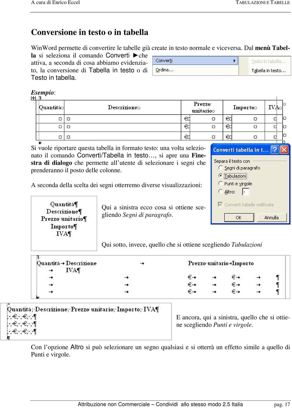 Esempio: Si vuole riportare questa tabella in formato testo: una volta selezionato il comando Converti/Tabella in testo, si apre una Finestra di dialogo che permette all utente di selezionare i segni