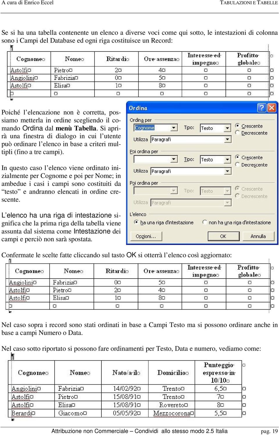 In questo caso l elenco viene ordinato inizialmente per Cognome e poi per Nome; in ambedue i casi i campi sono costituiti da testo e andranno elencati in ordine crescente.