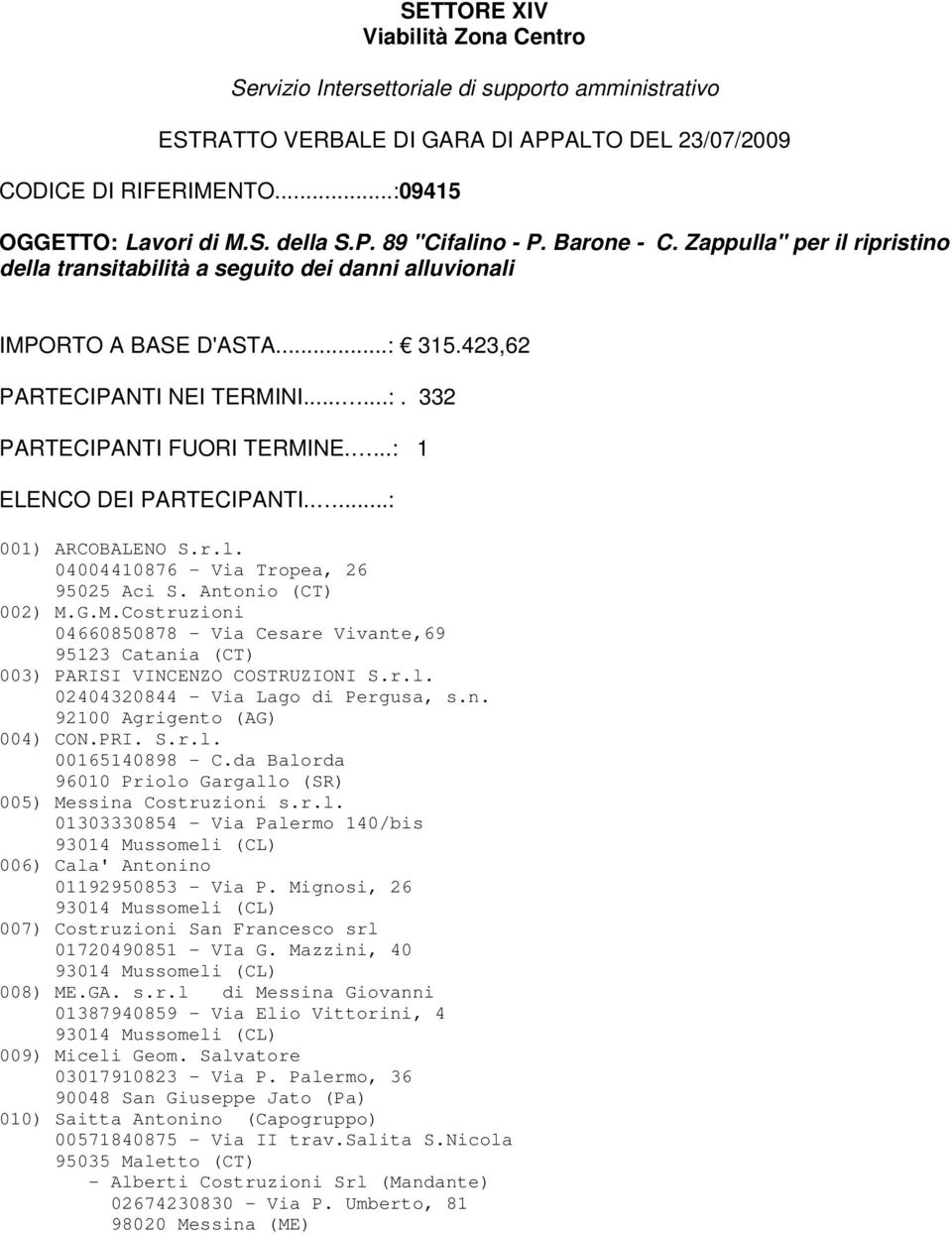 ...: 1 ELENCO DEI PARTECIPANTI.....: 001) ARCOBALENO S.r.l. 04004410876 - Via Tropea, 26 95025 Aci S. Antonio (CT) 002) M.