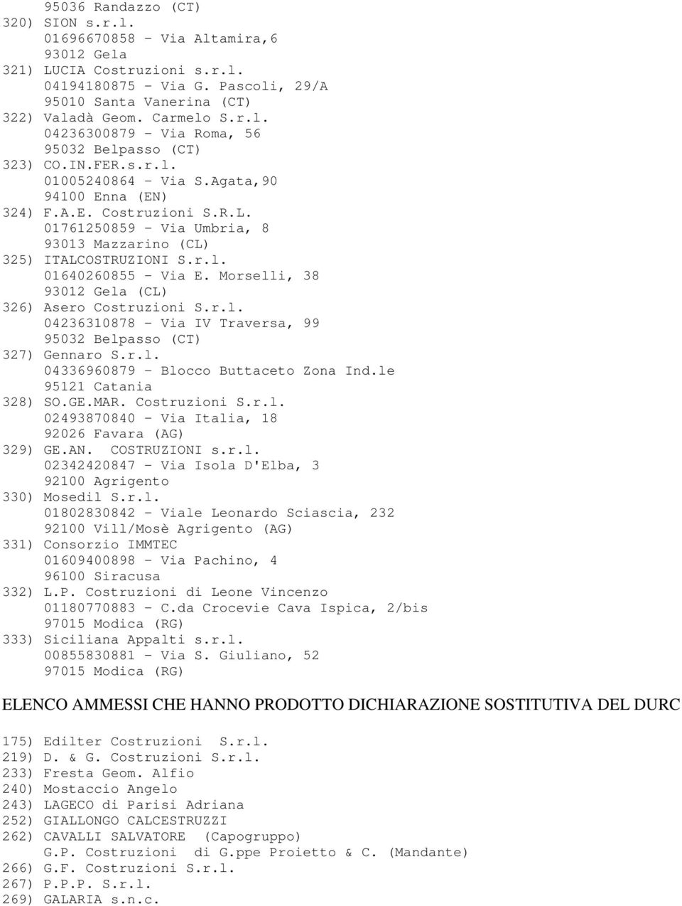 Morselli, 38 93012 Gela (CL) 326) Asero Costruzioni S.r.l. 04236310878 - Via IV Traversa, 99 95032 Belpasso (CT) 327) Gennaro S.r.l. 04336960879 - Blocco Buttaceto Zona Ind.le 95121 Catania 328) SO.