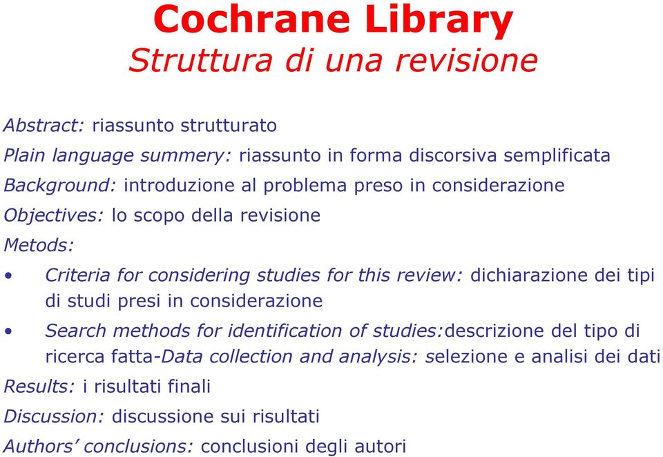 review: dichiarazione dei tipi di studi presi in considerazione Search methods for identification of studies:descrizione del tipo di ricerca fatta-data