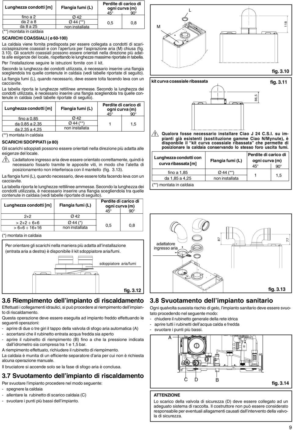 Gli scarichi coassiali possono essere orientati nella direzione più adatta alle esigenze del locale, rispettando le lunghezze massime riportate in tabella.