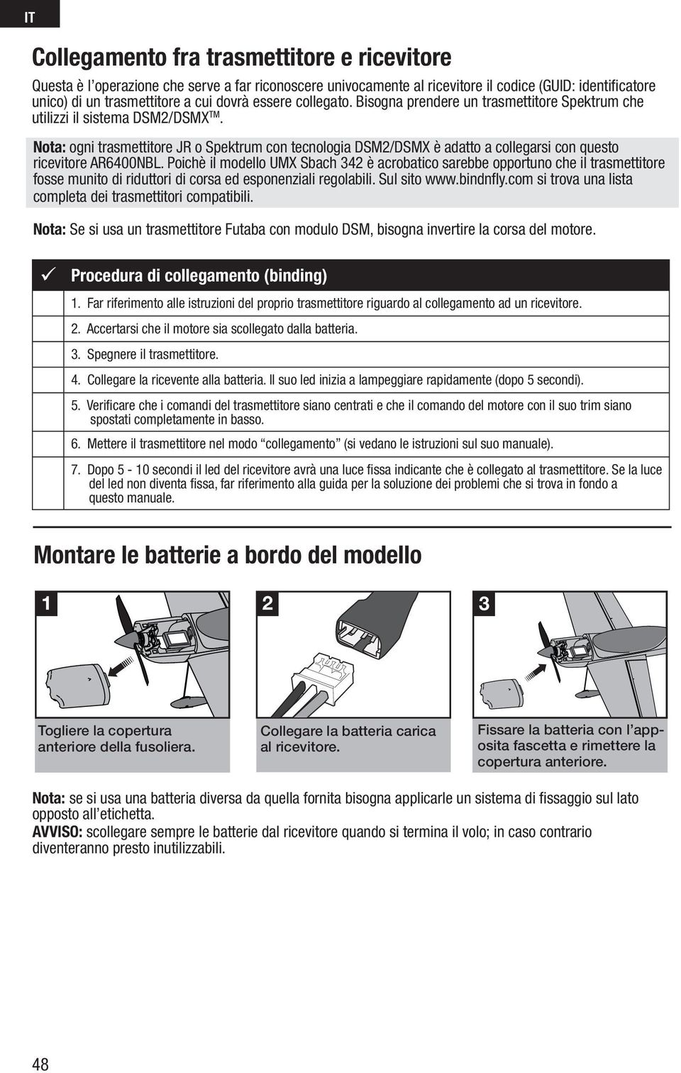 Nota: ogni trasmettitore JR o Spektrum con tecnologia DSM2/DSMX è adatto a collegarsi con questo ricevitore AR6400NBL.