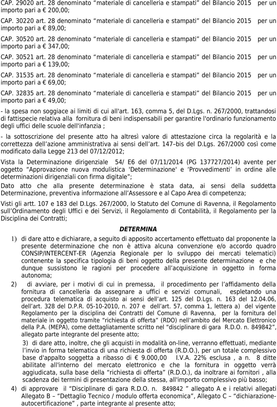 28 denominato materiale di cancelleria e stampati del Bilancio 2015 importo pari a 347,00; CAP. 30521 art.