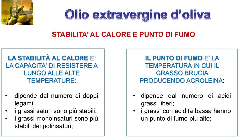 sono più stabili dei polinsaturi; IL PUNTO DI FUMO E LA TEMPERATURA IN CUI IL GRASSO BRUCIA PRODUCENDO