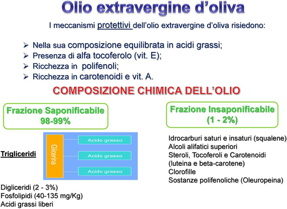 Frazione Saponificabile 98-99% Trigliceridi Digliceridi (2-3%) Fosfolipidi (40-135 mg/kg) Acidi grassi liberi Frazione