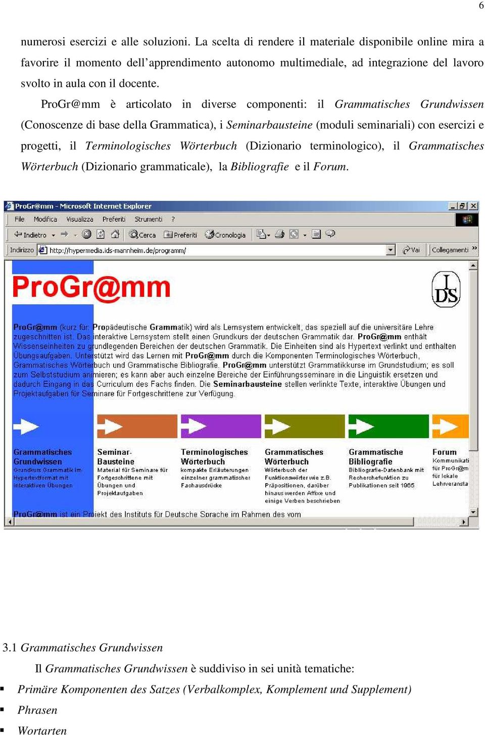 ProGr@mm è articolato in diverse componenti: il Grammatisches Grundwissen (Conoscenze di base della Grammatica), i Seminarbausteine (moduli seminariali) con esercizi e progetti, il