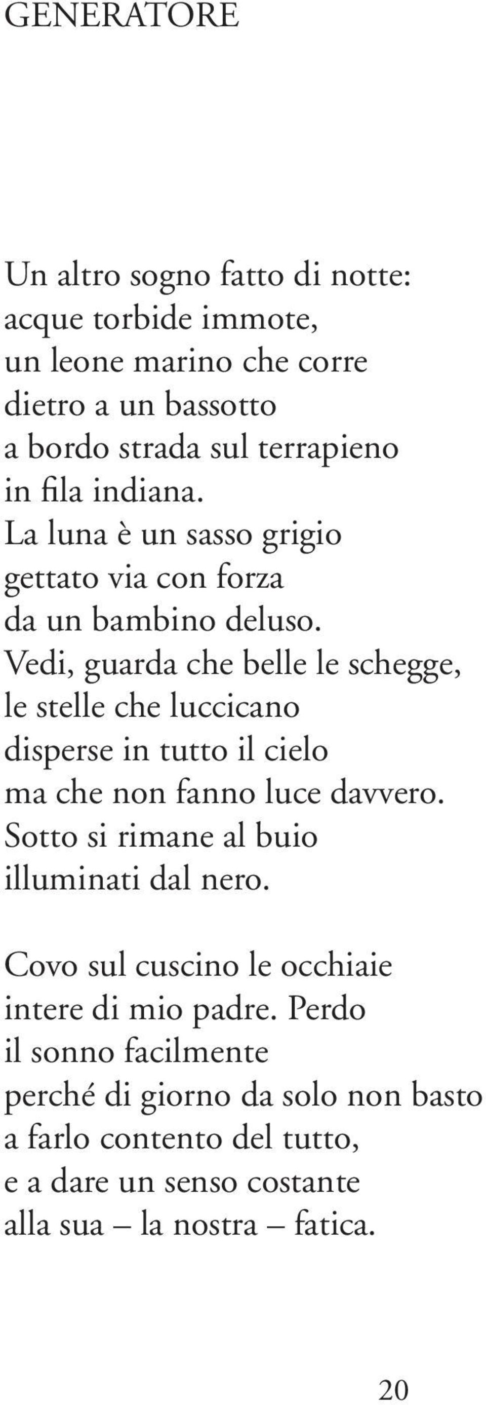 Vedi, guarda che belle le schegge, le stelle che luccicano disperse in tutto il cielo ma che non fanno luce davvero.