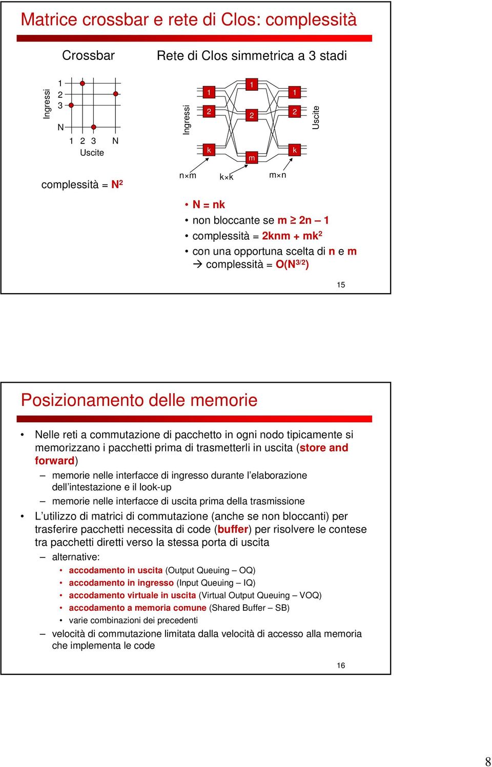 trasmetterli in uscita (store and forward) memorie nelle interfacce di ingresso durante l elaborazione dell intestazione e il look-up memorie nelle interfacce di uscita prima della trasmissione L