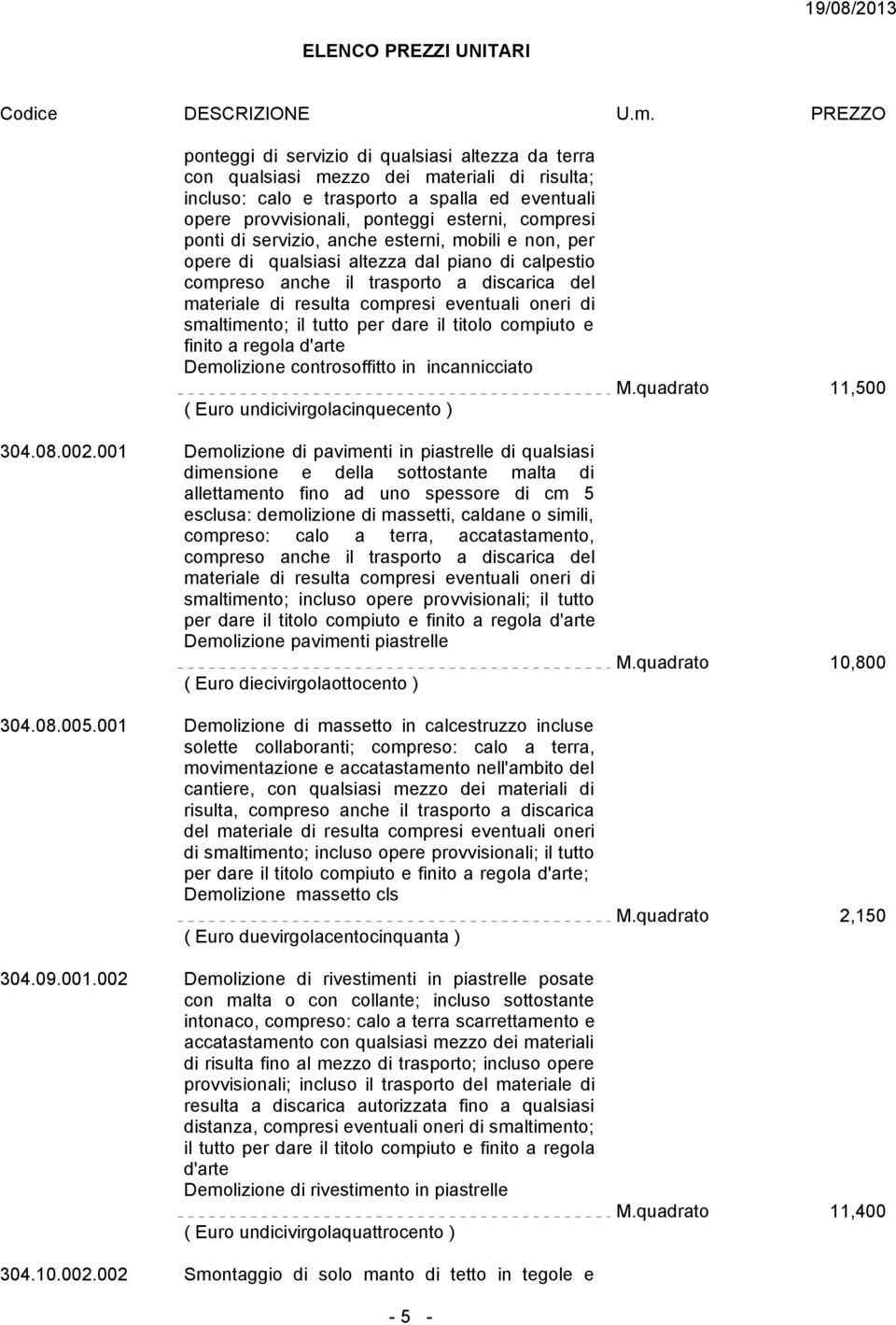 smaltimento; il tutto per dare il titolo compiuto e finito a regola d'arte Demolizione controsoffitto in incannicciato ( Euro undicivirgolacinquecento ) 304.08.002.