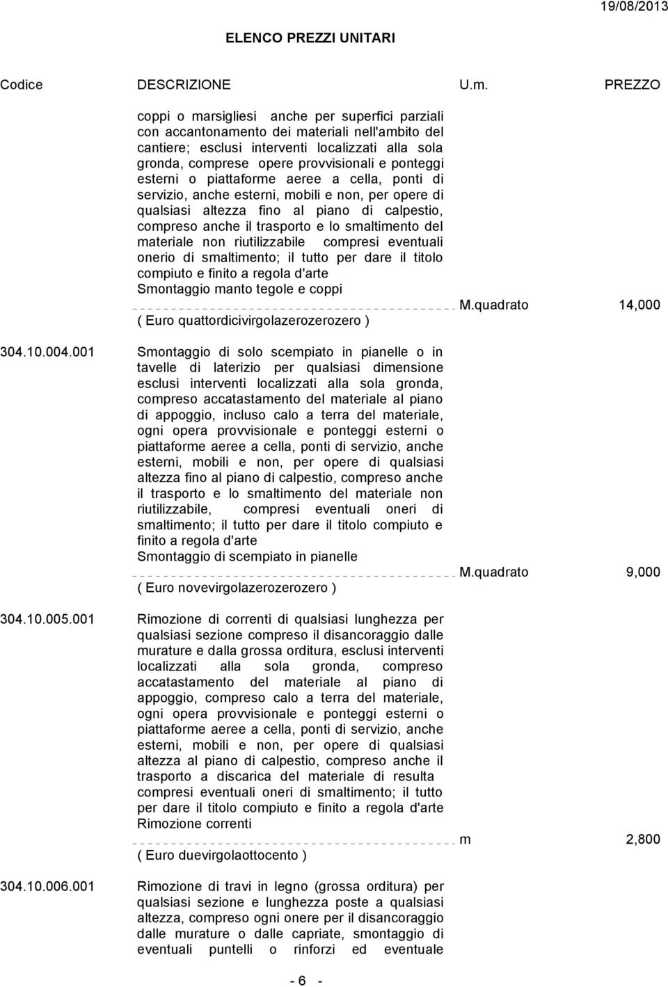 materiale non riutilizzabile compresi eventuali onerio di smaltimento; il tutto per dare il titolo compiuto e finito a regola d'arte Smontaggio manto tegole e coppi ( Euro