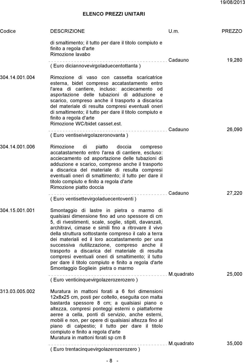 anche il trasporto a discarica del materiale di resulta compresi eventuali oneri di smaltimento; il tutto per dare il titolo compiuto e finito a regola d'arte Rimozione WC/bidet casset.est.