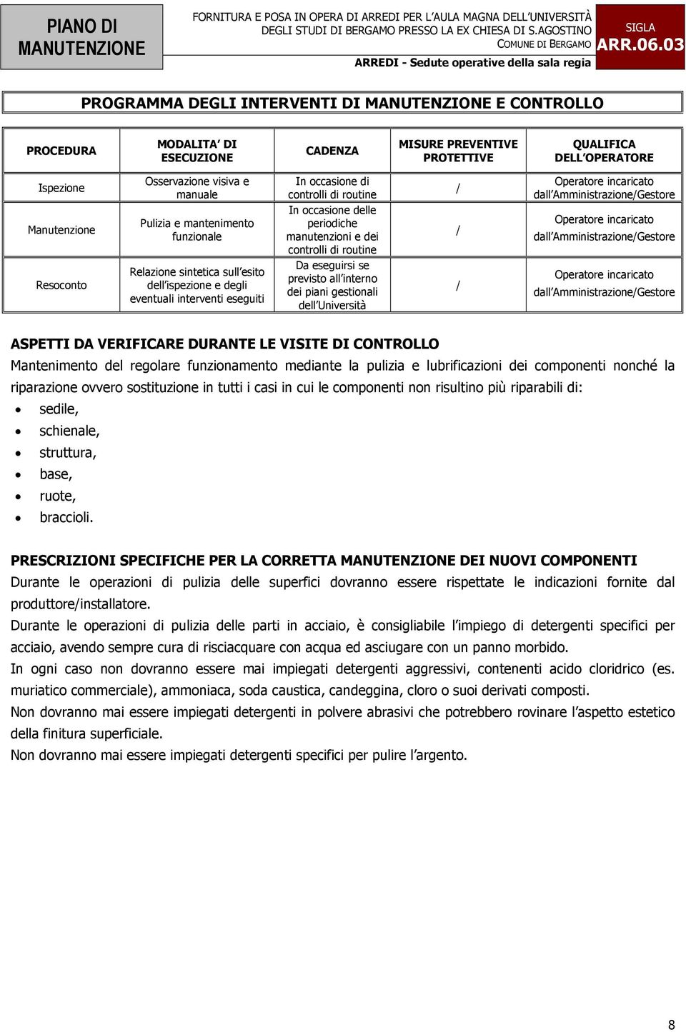 AmministrazioneGestore Mantenimento del regolare funzionamento mediante la pulizia e lubrificazioni dei componenti nonché la riparazione ovvero sostituzione in tutti i casi in cui le componenti non