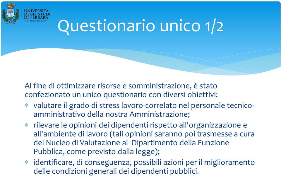 all'organizzazione e all'ambiente di lavoro (tali opinioni saranno poi trasmesse a cura del Nucleo di Valutazione al Dipartimento della Funzione