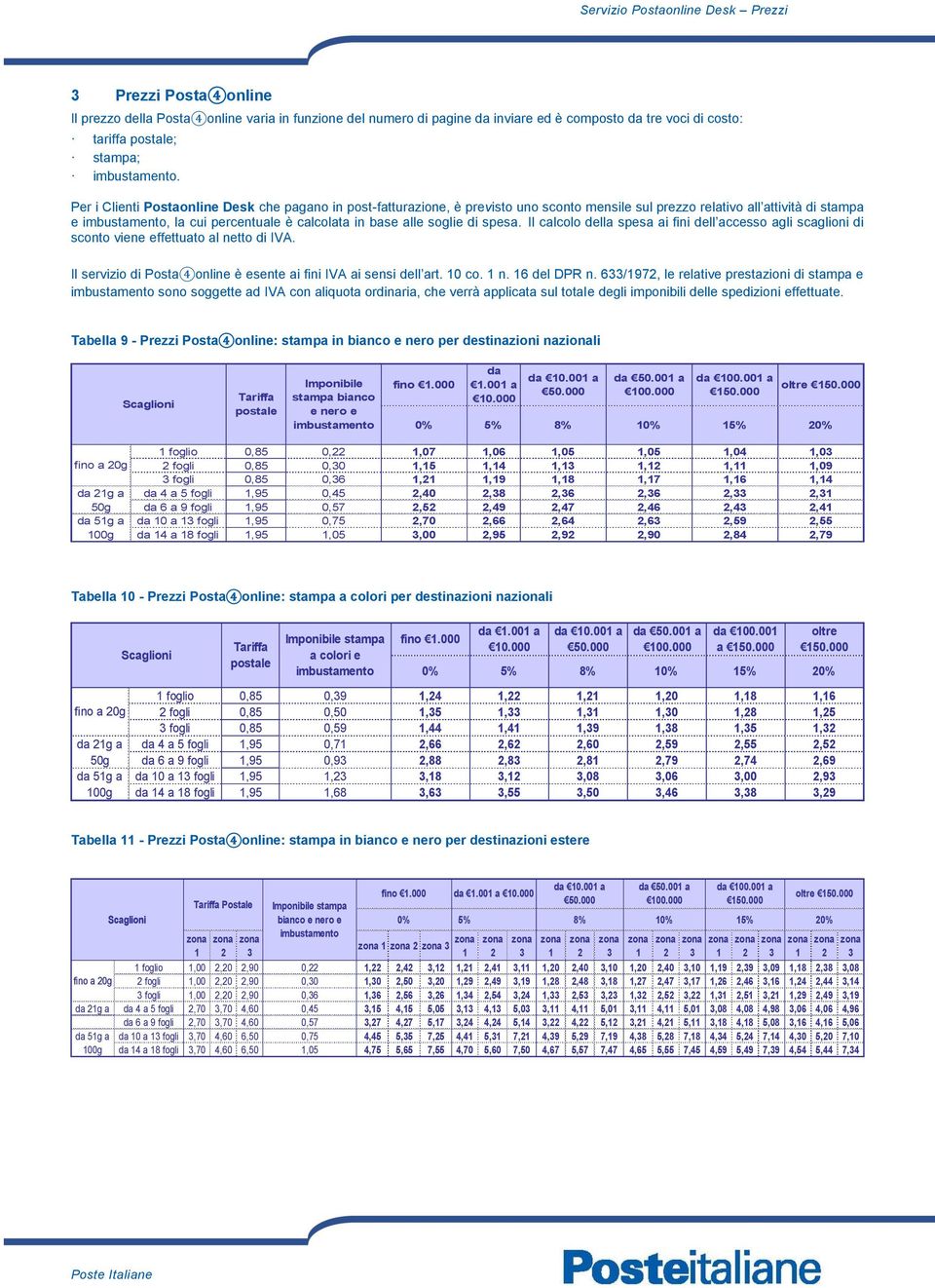 Il calcolo della spesa ai fini dell accesso agli scaglioni di sconto viene effettuato al netto di IVA. Il servizio di Posta4online è esente ai fini IVA ai sensi dell art. 0 co. n. 6 del DPR n.
