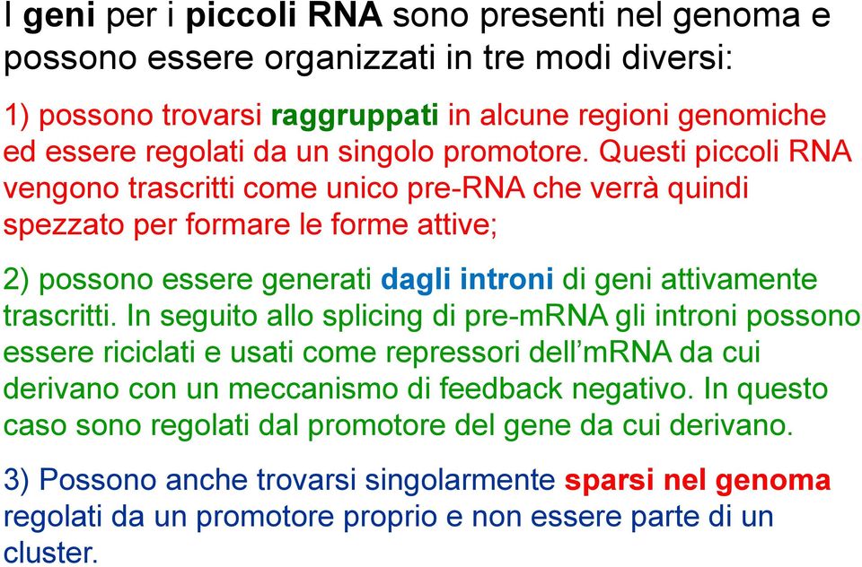 Questi piccoli RNA vengono trascritti come unico pre-rna che verrà quindi spezzato per formare le forme attive; 2) possono essere generati dagli introni di geni attivamente trascritti.