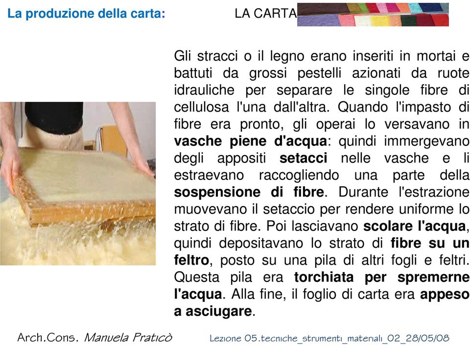 Quando l'impasto di fibre era pronto, gli operai lo versavano in vasche piene d'acqua: quindi immergevano degli appositi setacci nelle vasche e li estraevano raccogliendo una