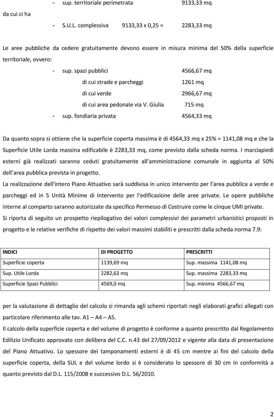 spazi pubblici 4566,67 mq di cui strade e parcheggi 1261 mq di cui verde 2966,67 mq di cui area pedonale via V. Giulia 715 mq - sup.