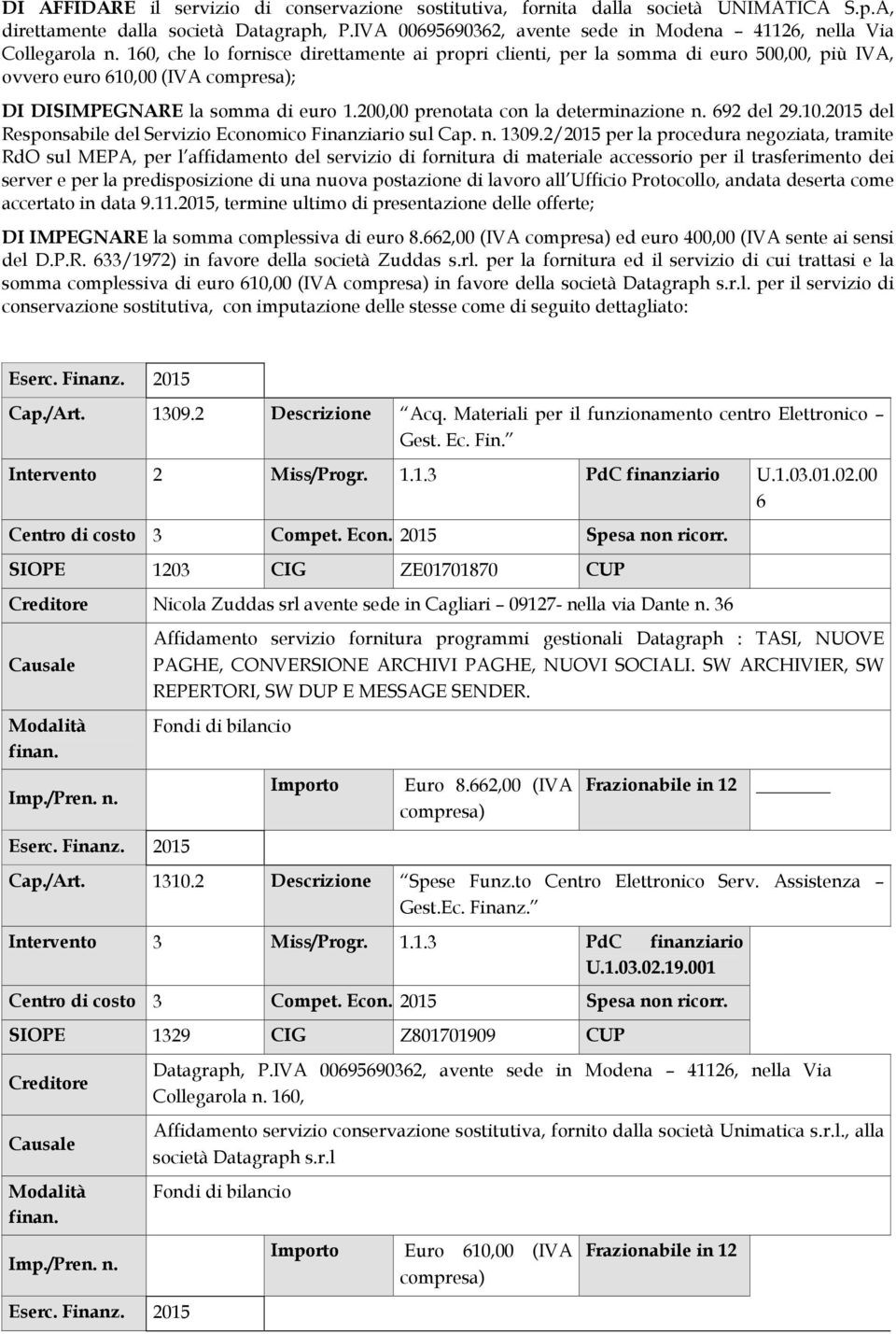 160, che lo fornisce direttamente ai propri clienti, per la somma di euro 500,00, più IVA, ovvero euro 610,00 (IVA compresa); DI DISIMPEGNARE la somma di euro 1.