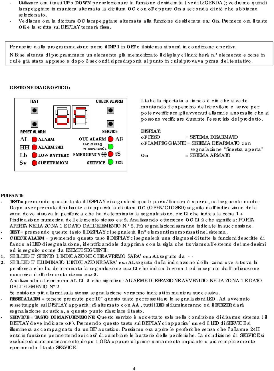 Per uscire dalla programmazione porre il DIP 1 in OFF e il sistema si porrà in condizione opertiva. N.B: se si tenta di programmare un elemento già memorizzato il display ci indicherà n.