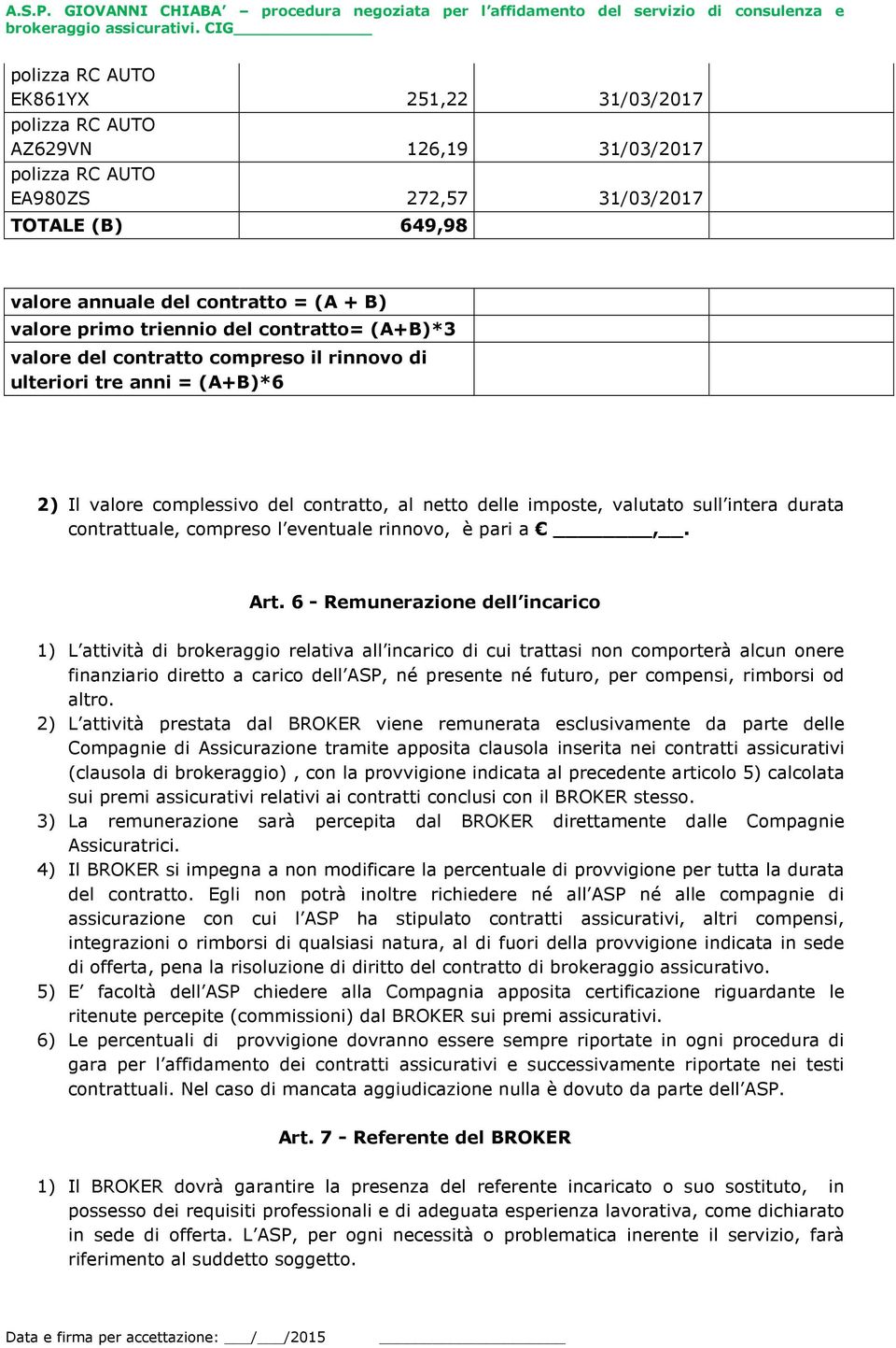 contrattuale, compreso l eventuale rinnovo, è pari a,. Art.