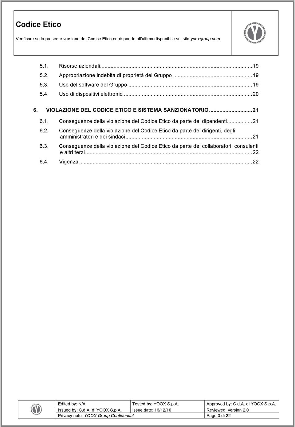 6.1. Conseguenze della violazione del Codice Etico da parte dei dipendenti... 21