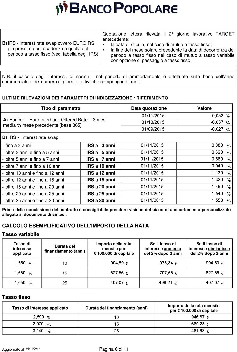 tasso fisso. N.B. il calcolo degli interessi, di norma, nel periodo di ammortamento è effettuato sulla base dell anno commerciale e del numero di giorni effettivi che compongono i mesi.