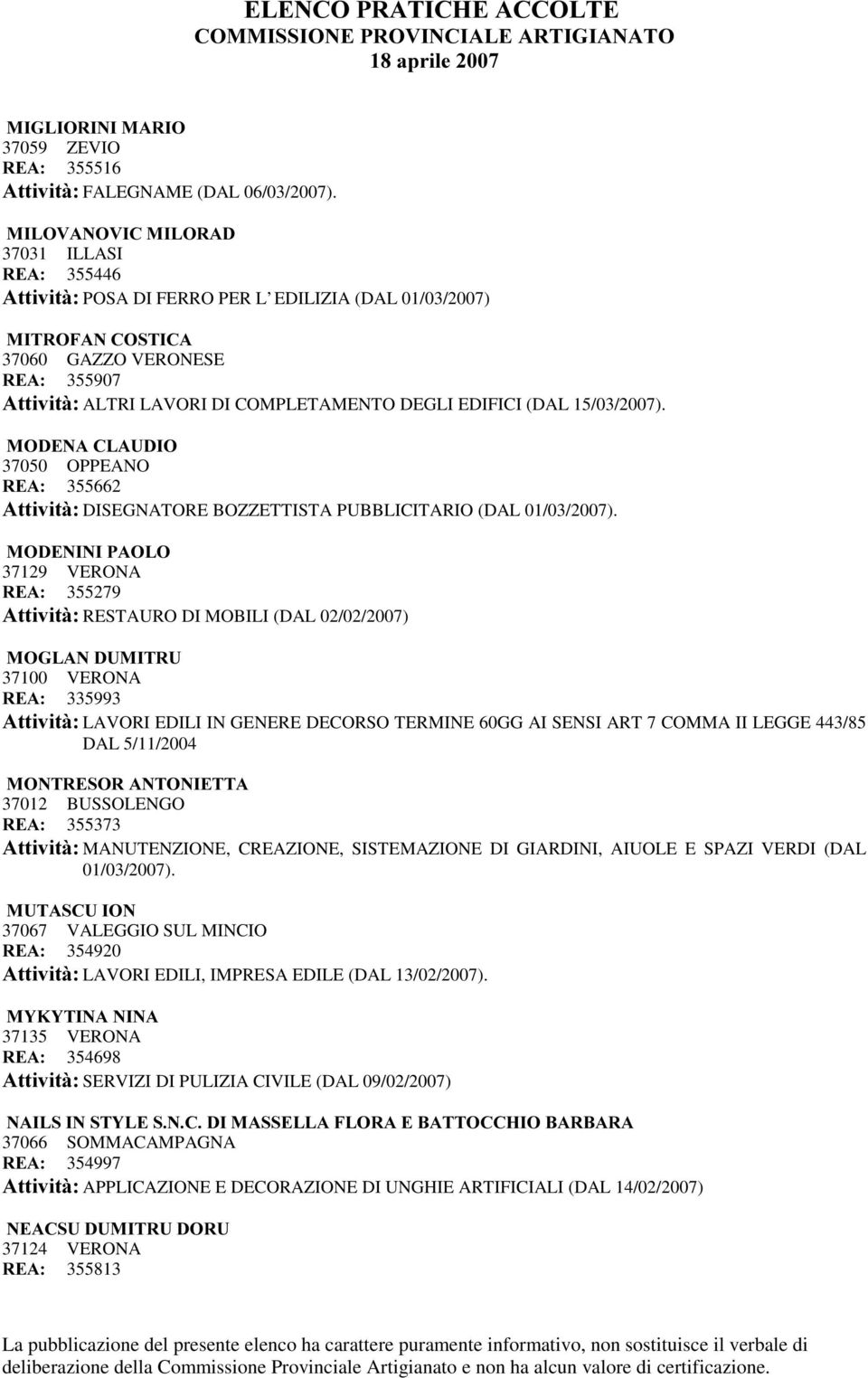 (DAL 15/03/2007). 02'(1$&/$8',2 37050 OPPEANO 5($ 355662 $WWLYLWj DISEGNATORE BOZZETTISTA PUBBLICITARIO (DAL 01/03/2007).