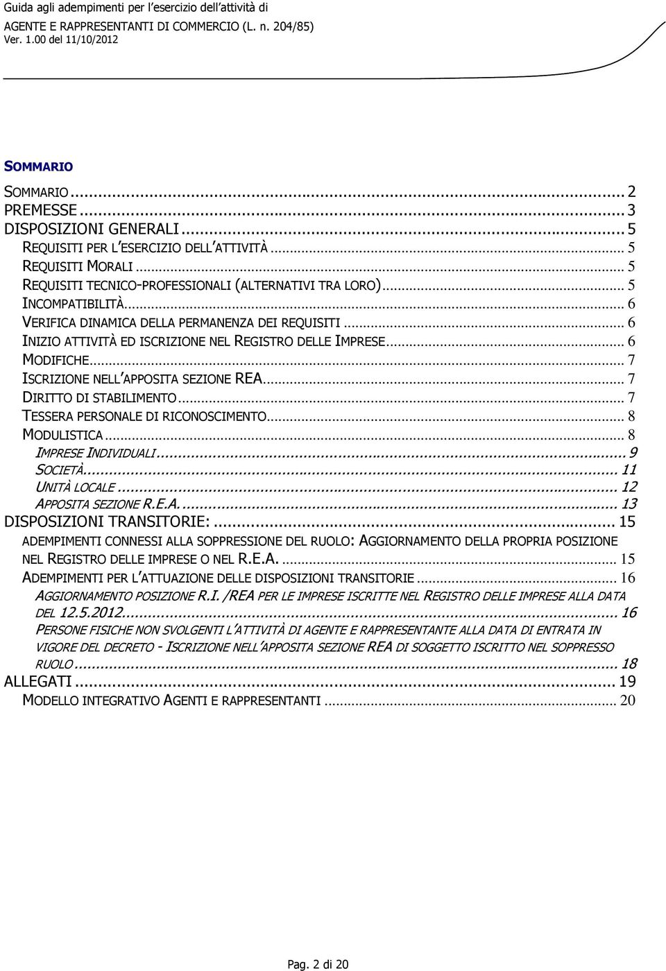 .. 7 DIRITTO DI STABILIMENTO... 7 TESSERA PERSONALE DI RICONOSCIMENTO... 8 MODULISTICA... 8 IMPRESE INDIVIDUALI...9 SOCIETÀ... 11 UNITÀ LOCALE... 12 APPOSITA SEZIONE R.E.A... 13 DISPOSIZIONI TRANSITORIE:.