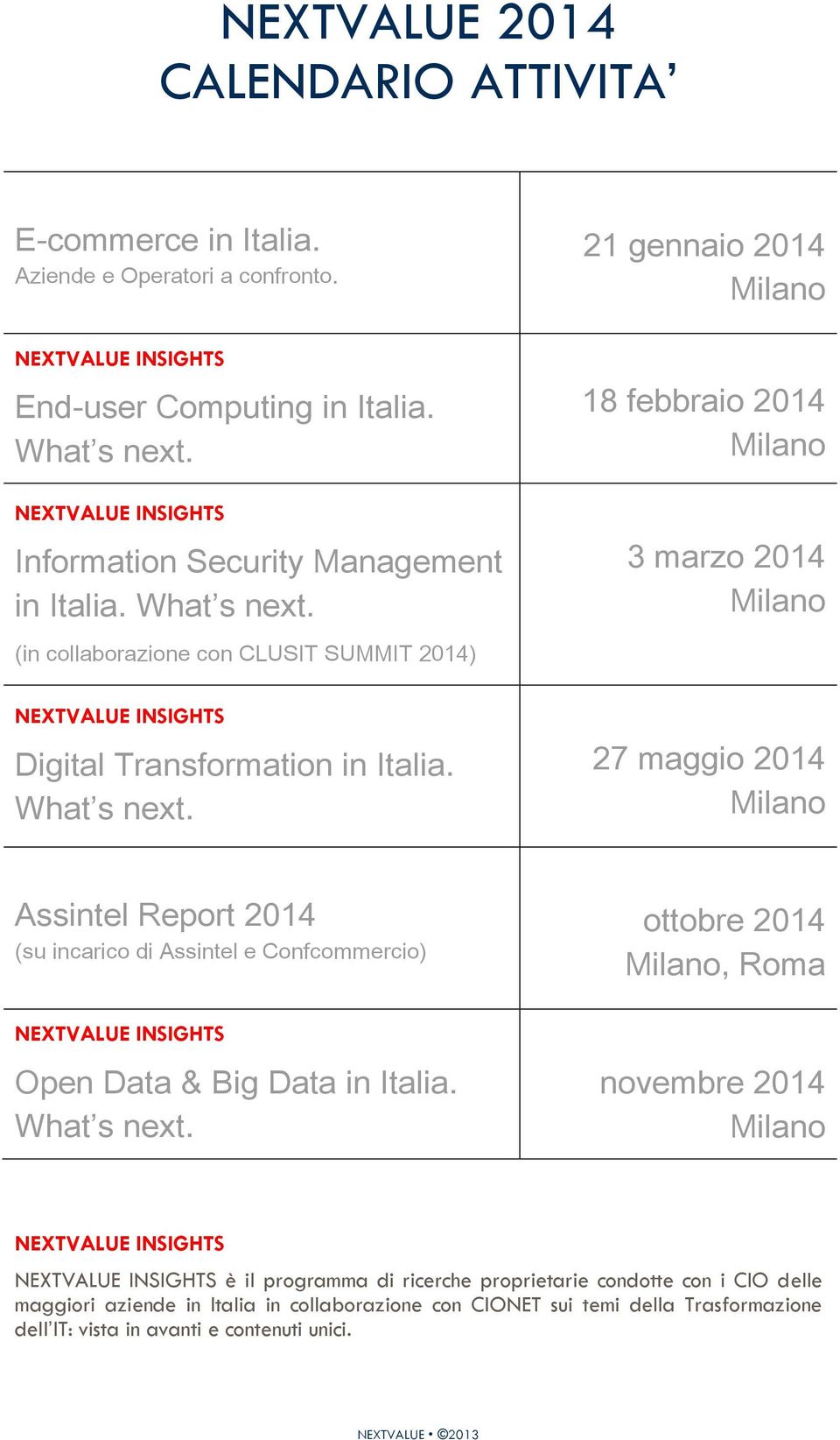 (in collaborazione con CLUSIT SUMMIT 2014) Digital Transformation in Italia. What s next.