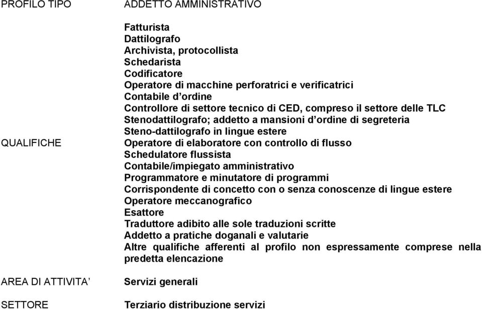 elaboratore con controllo di flusso Schedulatore flussista Contabile/impiegato amministrativo Programmatore e minutatore di programmi Corrispondente di concetto con o senza conoscenze di lingue