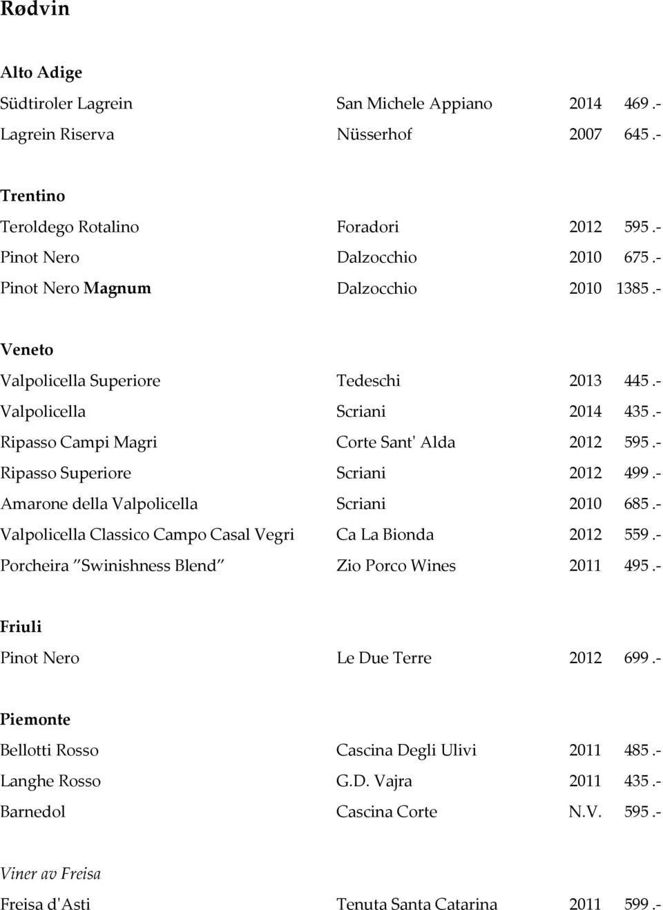 - Ripasso Superiore Scriani 2012 499.- Amarone della Valpolicella Scriani 2010 685.- Valpolicella Classico Campo Casal Vegri Ca La Bionda 2012 559.