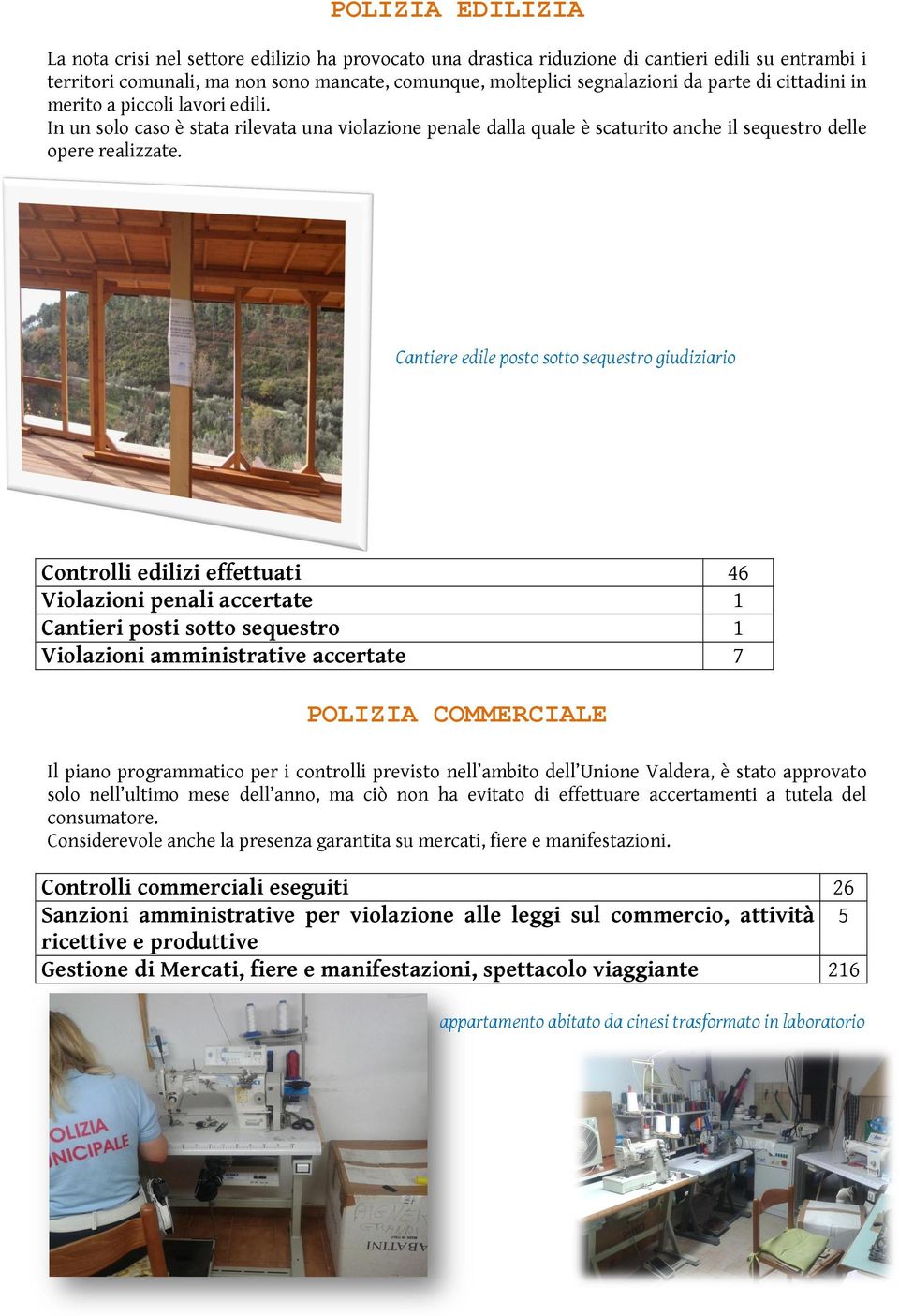 Cantiere edile posto sotto sequestro giudiziario Controlli edilizi effettuati 46 Violazioni penali accertate 1 Cantieri posti sotto sequestro 1 Violazioni amministrative accertate 7 POLIZIA