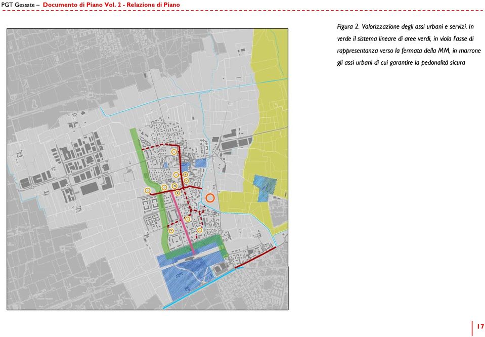 In verde il sistema lineare di aree verdi, in viola l'asse di