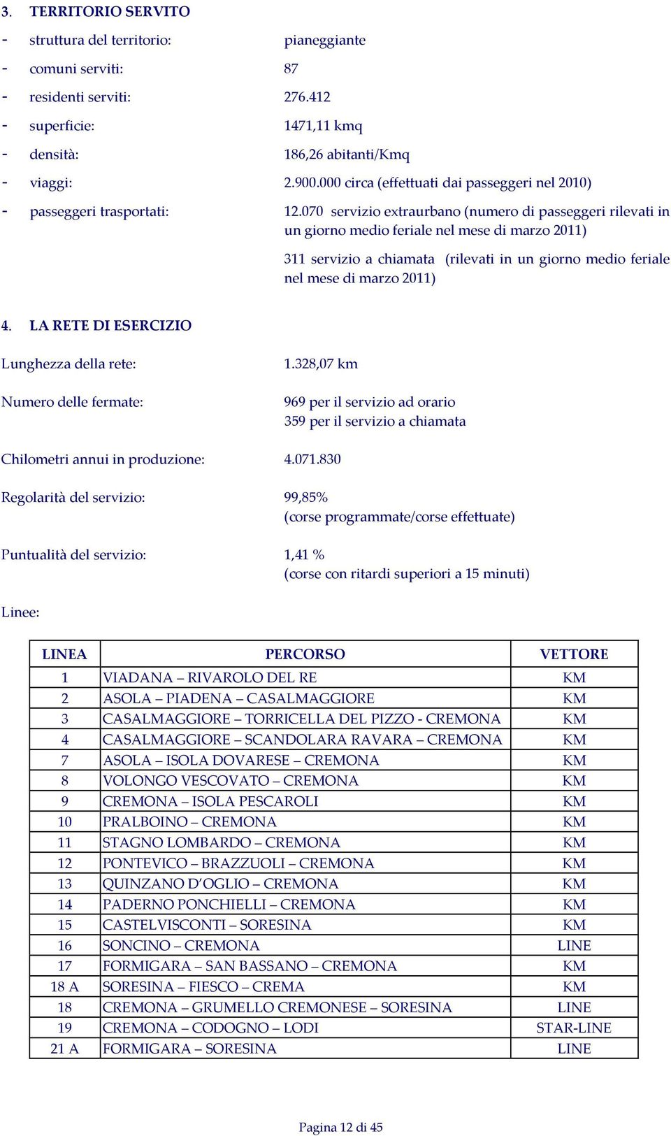 070 servizio extraurbano (numero di passeggeri rilevati in un giorno medio feriale nel mese di marzo 2011) 311 servizio a chiamata (rilevati in un giorno medio feriale nel mese di marzo 2011) 4.