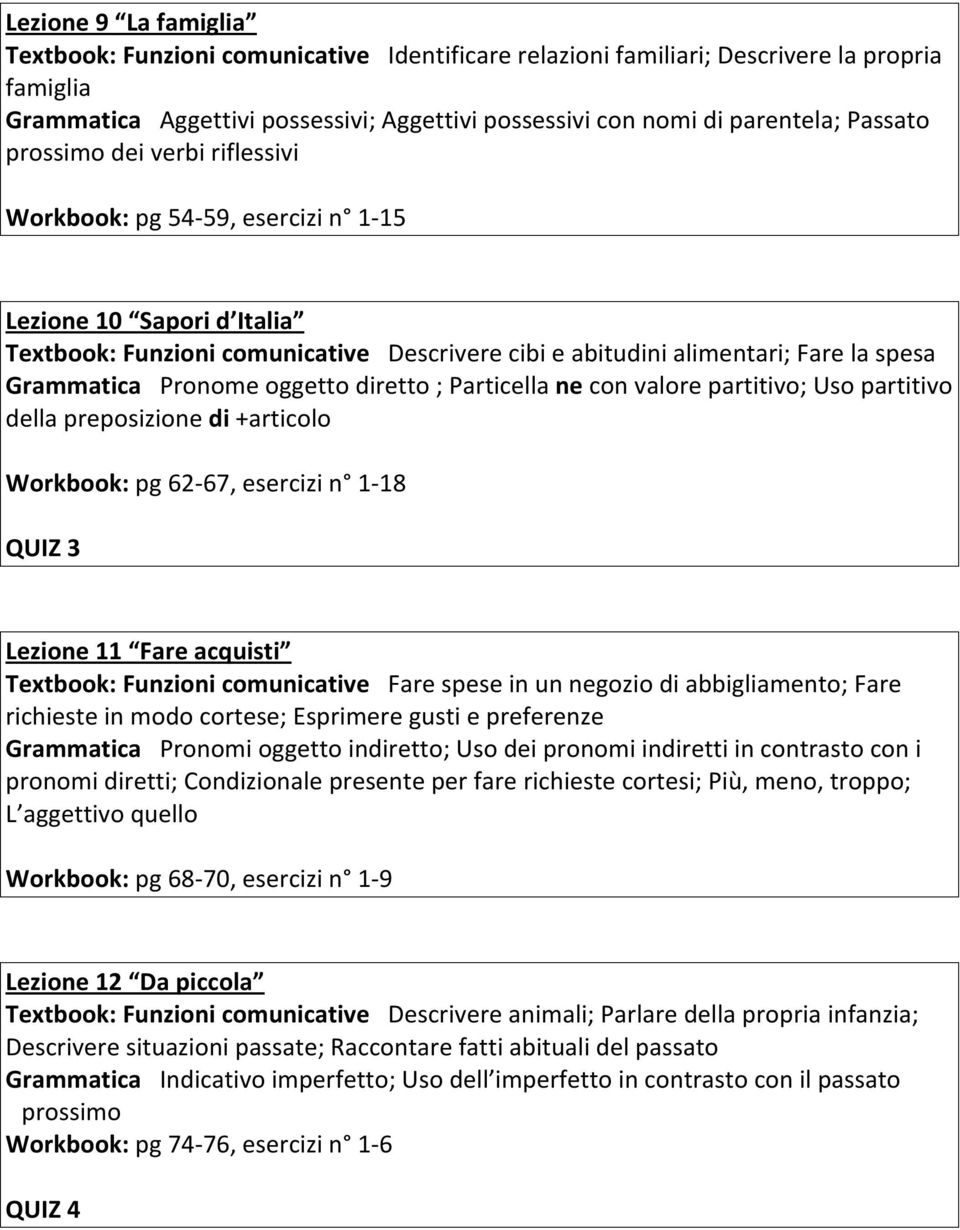 Pronome oggetto diretto ; Particella ne con valore partitivo; Uso partitivo della preposizione di +articolo Workbook: pg 62-67, esercizi n 1-18 QUIZ 3 Lezione 11 Fare acquisti Textbook: Funzioni